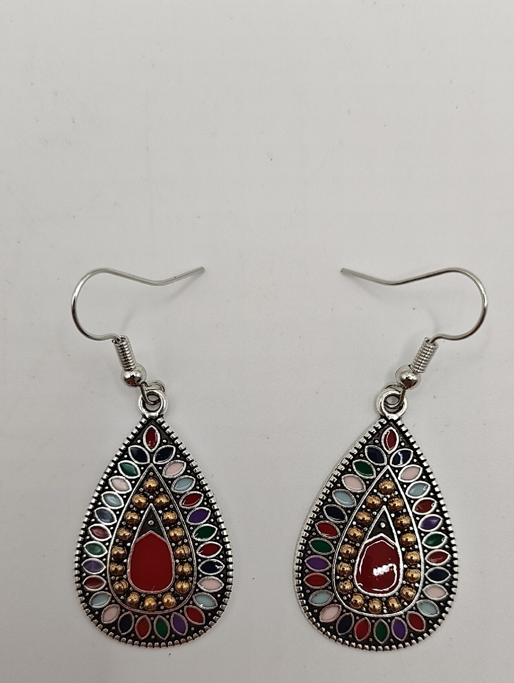 Boho Metal Teardrop Multicolor Dangle Earrings with Red Accent